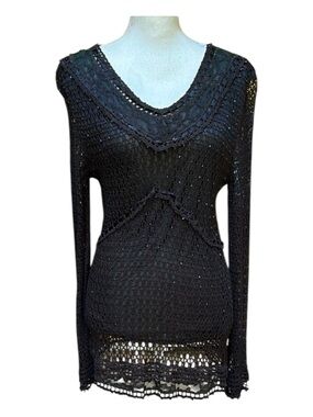 Pierri New York Women’s Grey Y2K Crochet Open Knit Beaded Baby Doll Blouse Lrg